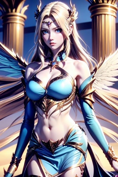 1girl, solo, blonde hair, long hair, blue eyes, breasts, navel, wings, looking at viewer, bare shoulders, hair ornament, pillar, armor, thighhighs, cleavage, medium breasts, closed mouth, detached sleeves, pink armored dress, angel wings, blurry background, jewelry, feathered wings, blurry, cowboy shot,
