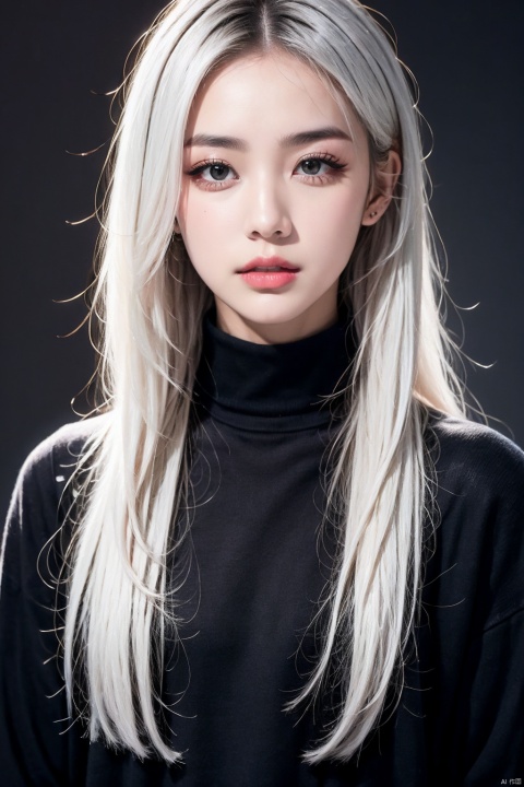  1girl, black background, black eyes, black shirt, black sweater, closed mouth, grey eyes, lips, long hair, long sleeves, looking at viewer, makeup, messy hair, nose, realistic, red lips, shirt, simple background, solo, sweater, turtleneck, turtleneck sweater, upper body, white hair