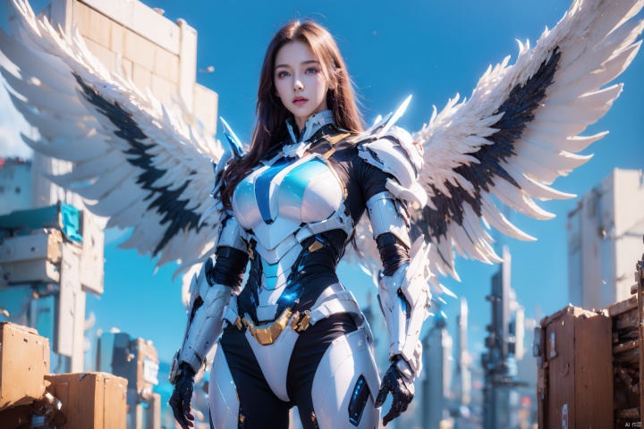  1girl,concept artwork,long hair,(a lonely solo boy:1.4),sky,wing,wings with fans,graphics card fan,strong male mecha warrior,mighty and domineering,cool mecha,32k,blue and white color scheme,(blue armor:1.05),white_background,standing,cowboy_shot,