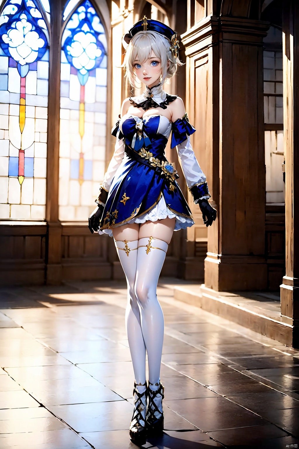 1girl, solo, thighhighs, stained glass, barbara \(genshin impact\), dress, white thighhighs, gloves, white dress, full body, looking at viewer, breasts, short hair, bare shoulders, blue eyes, detached sleeves, standing, book, zettai ryouiki, detached collar, blonde hair, church, smile, white gloves, strapless, white headwear, strapless dress, cleavage, indoors, alternate hair length, white hair, alternate hairstyle, open mouth, medium breasts, long sleeves, blurry, hat, blurry background, cross, hair ornament, thighs, window, shoes, black footwear, blush, high heels,