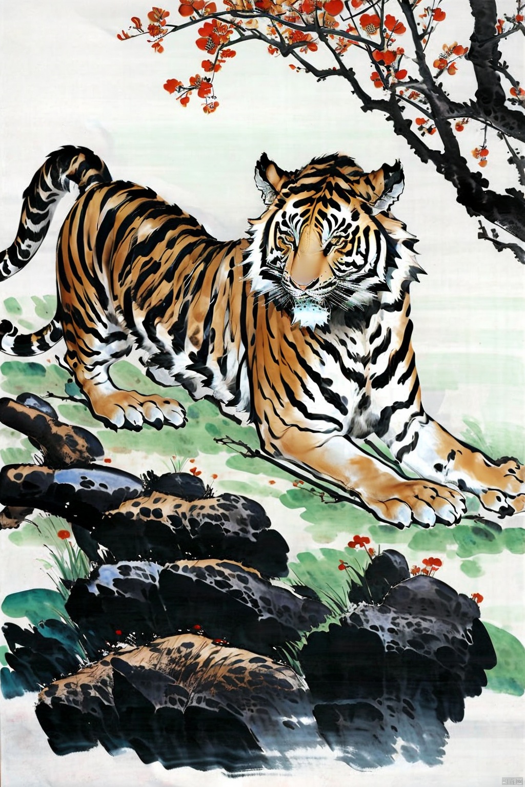 AgainChineseInkPainting, tiger, no humans, animal focus, year of the tiger, branch, animal, traditional media, tree, looking at viewer, chinese ink painting, chinese zodiac, rock, on side, white background, white tiger, full body, painting \(medium\)