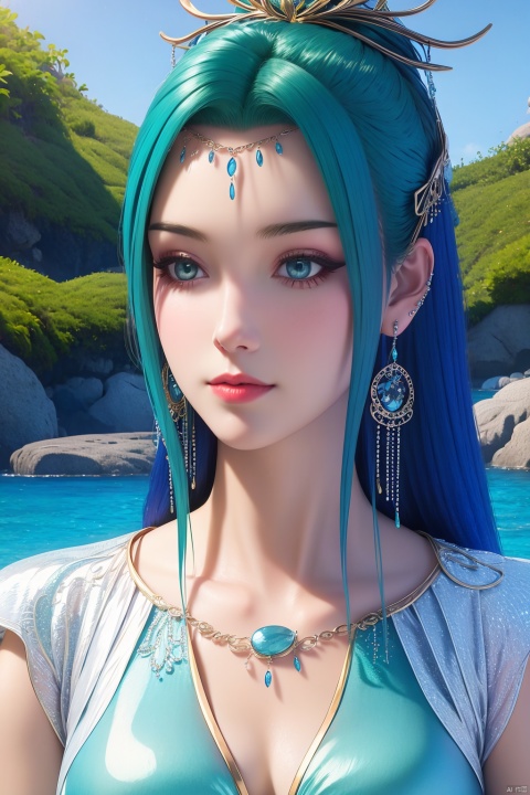 1girl, blue hair, breasts, portrait, solo, dress, earrings, jewelry, hair ornament, necklace, outdoor, sea