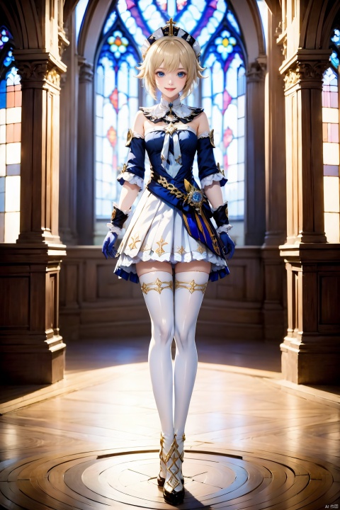1girl, solo, thighhighs, stained glass, barbara \(genshin impact\), dress, white thighhighs, gloves, white dress, full body, looking at viewer, breasts, short hair, bare shoulders, blue eyes, detached sleeves, standing, book, zettai ryouiki, detached collar, blonde hair, church, smile, white gloves, strapless, white headwear,
