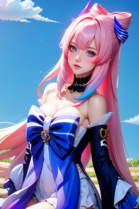 1girl, sangonomiya kokomi, solo, bow-shaped hair, pink hair, long hair, looking at viewer, multicolored hair, outdoors, vision \(genshin impact\), blue hair, breasts, bare shoulders, bow, blue eyes, sky, lips, blue bow, frills, day, detached collar, very long hair, closed mouth, detached sleeves, frilled sleeves, dress, blue sky, wide sleeves, colored tips, purple eyes, cloud, hair ornament, long sleeves, cleavage, gradient hair, lace-trimmed choker, choker,