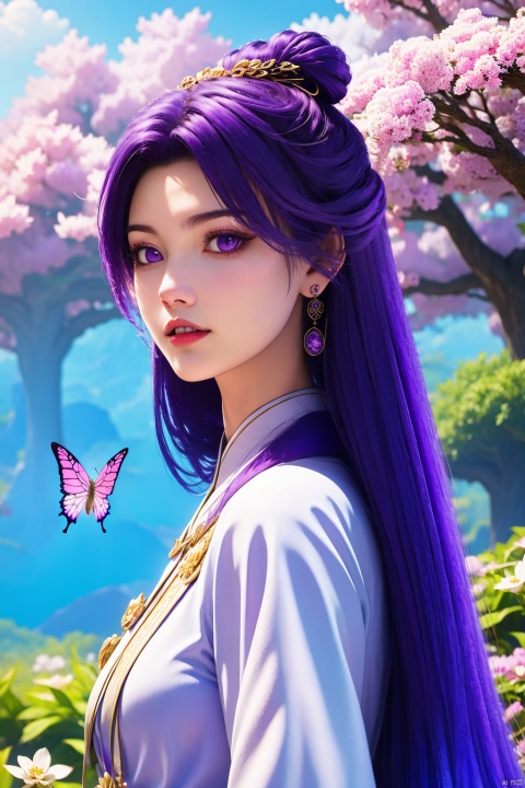 1girl, butterfly, bug, solo, purple hair, hair bun, earrings, hair ornament, jewelry, long hair, upper body, purple eyes, blue sky, sky, dress, single hair bun, outdoors, looking at viewer, from side, long sleeves, parted lips, chinese clothes, tree, teeth, cloud, white dress, blurry, day, realistic, flower, purple dress, blurry background

