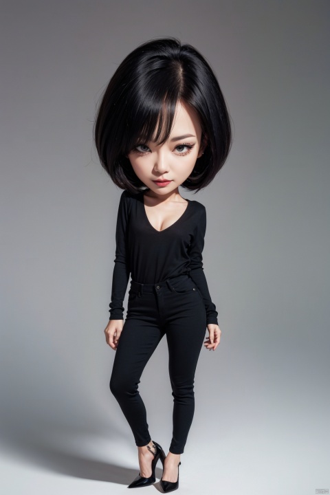 1woman,mature,chibi,full body,black hair,