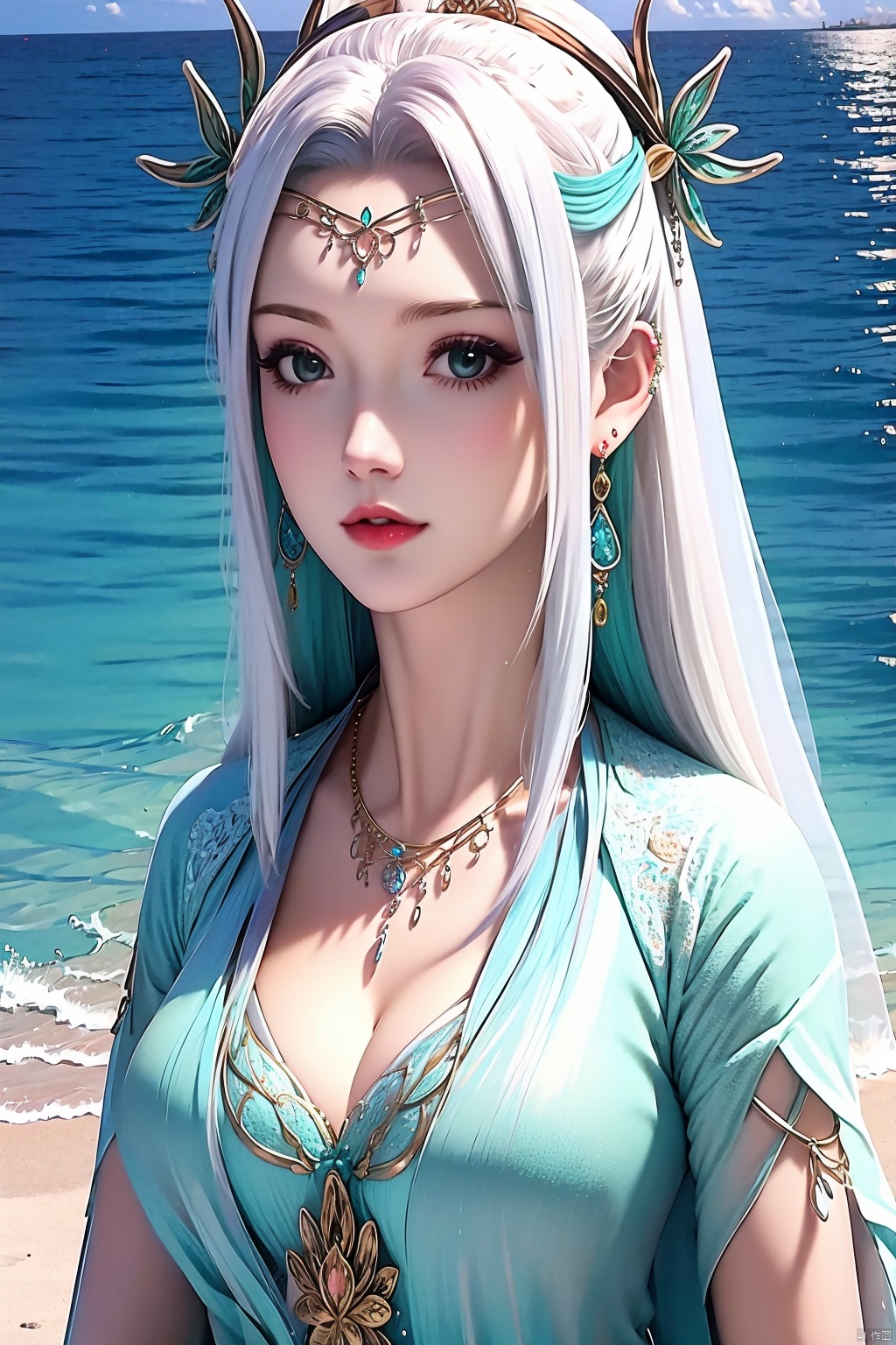 1girl, white hair, breasts, upper body, solo, dress, earrings, jewelry, hair ornament, necklace, outdoor, sea