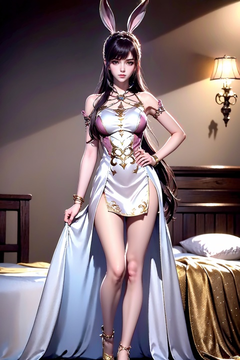 1girl, animal ears, rabbit ears, hand on own hip, solo, full body, dress, long hair, white dress, bare legs, looking at viewer, ponytail, jewelry, hair ornament, high heels, black hair, closed mouth, breasts, metal collar, brown hair, collar, realistic, pink dress, blurry background, bed, pantyhose, blurry, medium breasts, standing, bare shoulders, light, bracelet, legs