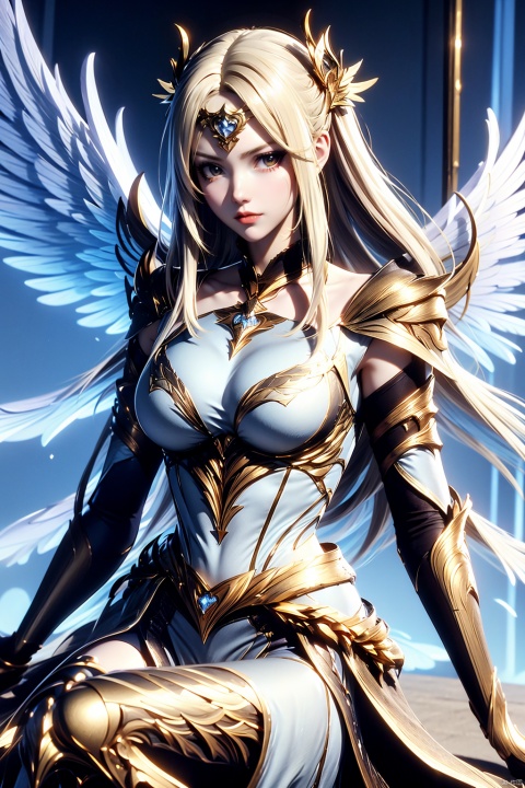 portrait, 1girl, solo, blonde hair, long hair, wings, looking at viewer, hair ornament, armor, thighhighs, closed mouth, detached sleeves, white armored dress, angel wings, jewelry, feathered wings,