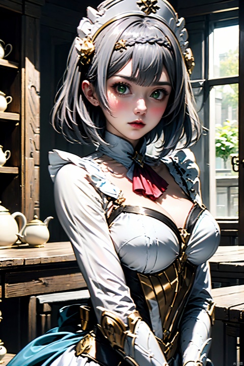 1girl, solo, breasts, noelle \(genshin impact\), grey hair, cleavage, looking at viewer, green eyes, braid, maid headdress, short hair, maid, large breasts, lips, upper body, red ascot, ascot, dress, hair ornament, indoors, long sleeves, braided bangs, closed mouth, armor, teapot, cup, window, table, blush, medium breasts, corset, realistic, teacup, white headwear, black dress, flower, apron, armored dress, maid apron, blunt bangs, detached collar