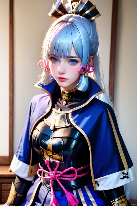 1girl, kamisato ayaka, solo, blue eyes, long hair, looking at viewer, ponytail, armor, blunt bangs, ribbon, hair ribbon, lips, white hair, tress ribbon, breastplate, sidelocks, hair ornament, jacket, realistic, pink ribbon, upper body, nose, closed mouth, armored dress, blue jacket, japanese armor, long sleeves, blue hair, mole, mole under eye, blue capelet, high ponytail, looking to the side, arm guards, light blue hair, indoors
