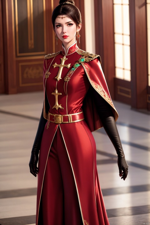 1girl, solo, jewelry, earrings, cross, gloves, looking at viewer, belt, black gloves, brown eyes, black hair, standing, weapon, blurry, brown hair, cross earrings, blurry background, uniform, hair bun, closed mouth, lips, red cape, long sleeves, circlet, breasts, military uniform, cape, military, realistic, cowboy shot, red lips, pants, single hair bun, holding, short hair, indoors, holding weapon, buckle, shadow, arms at sides, black belt, belt buckle
