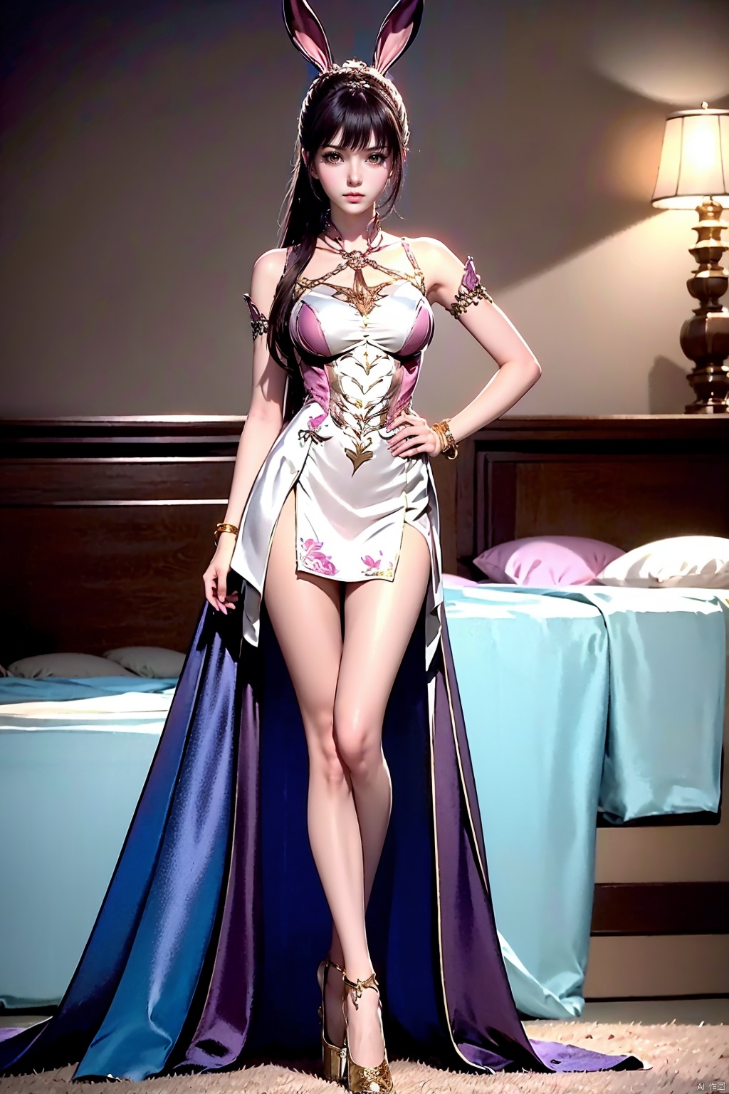 1girl, animal ears, rabbit ears, hand on own hip, solo, full body, dress, long hair, white dress, bare legs, looking at viewer, ponytail, jewelry, hair ornament, high heels, black hair, closed mouth, breasts, metal collar, brown hair, collar, realistic, pink dress, blurry background, bed, pantyhose, blurry, medium breasts, standing, bare shoulders, light, bracelet, legs