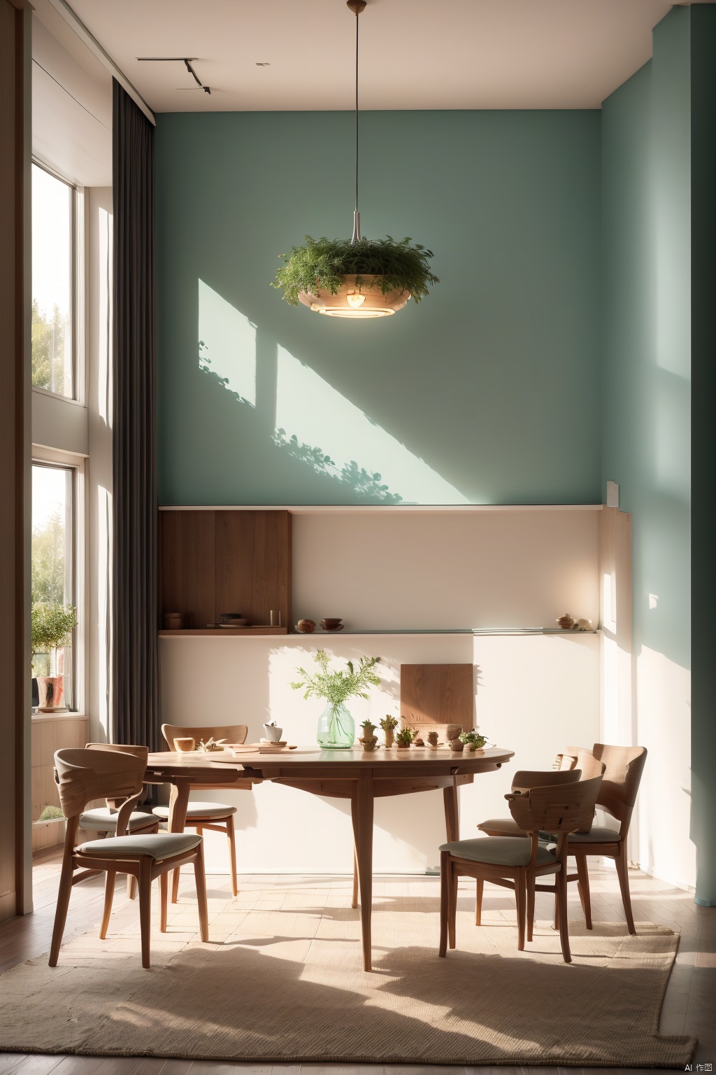 AgainRealistic_v2.0, no humans, scenery, table, chair, indoors, window, shadow, plant, ceiling light, lamp, bug, sunlight, tree, vase, potted plant, curtains, day, flower pot, hanging light, light, shade, butterfly, AgainRealistic_v2.0