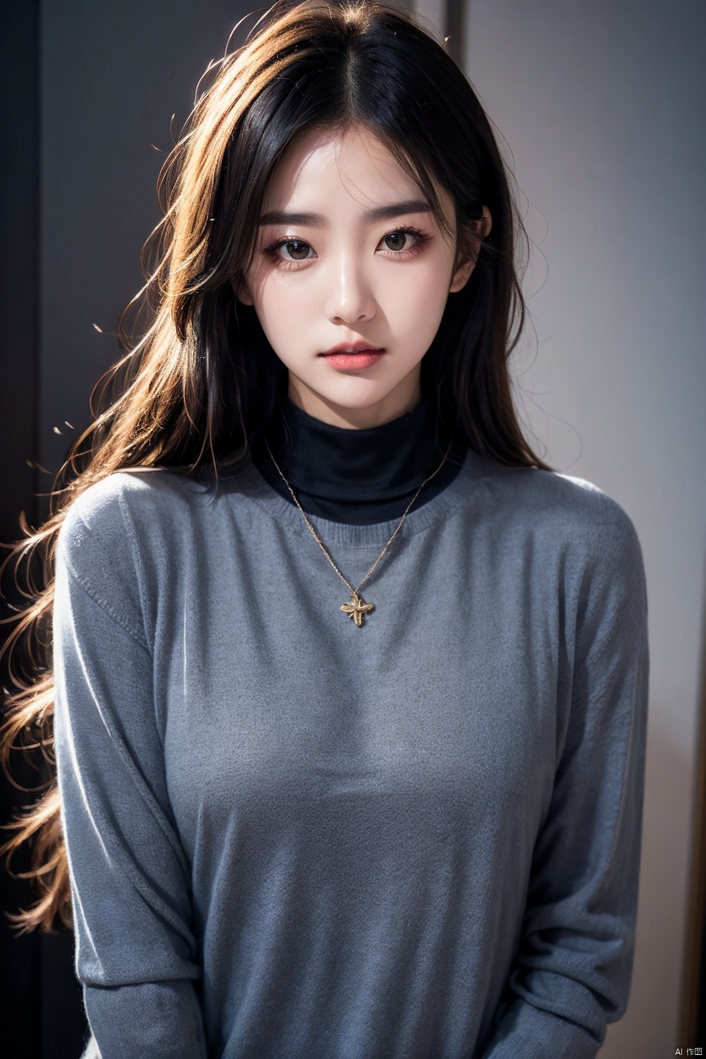  1girl, black background, black eyes, black shirt, black sweater, closed mouth, grey eyes, lips, long hair, long sleeves, looking at viewer, makeup, messy hair, nose, realistic, red lips, shirt, simple background, solo, sweater, turtleneck, turtleneck sweater, upper body,