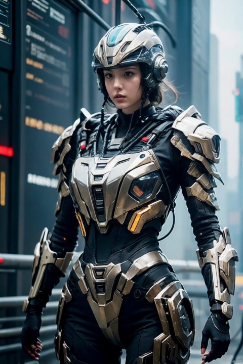 photorealistic,1girl,cyberpunk armor,helmet,(detailed face:1.2),full body,realistic, science fiction, helmet, cable, cyberpunk, lips, screen,
