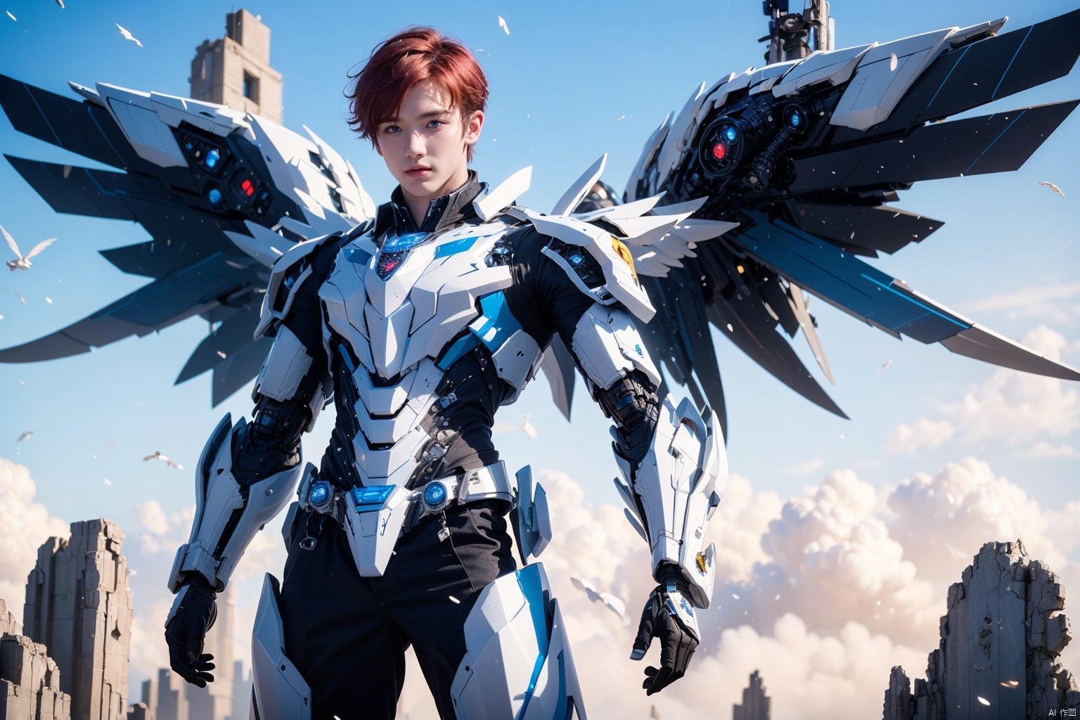  1boy,concept artwork,red hair,(a lonely solo boy:1.4),sky,wing,wings with fans,graphics card fan,strong male mecha warrior,mighty and domineering,cool mecha,32k,blue and white color scheme,white armor,white_background,standing,cowboy_shot,