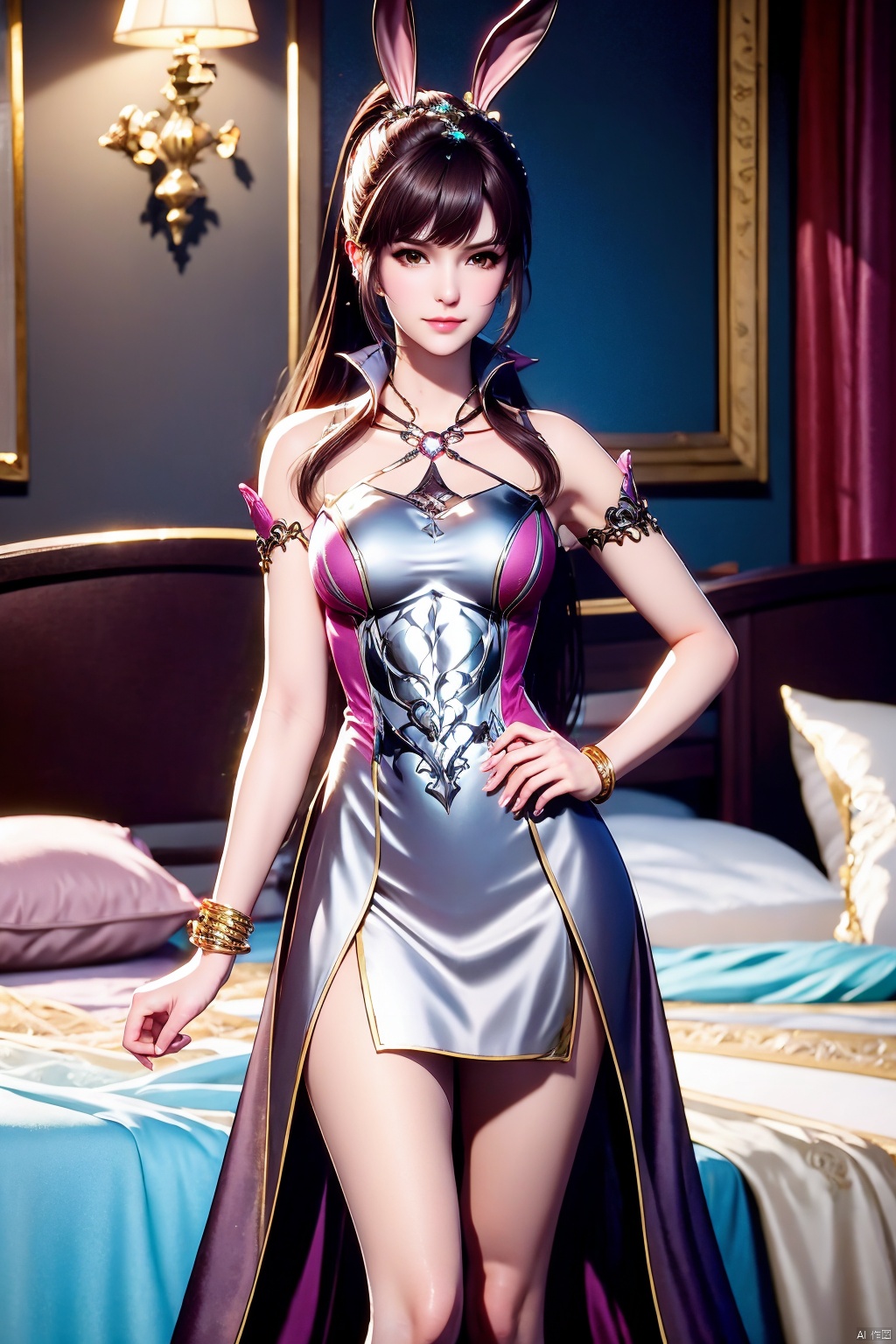1girl, animal ears, rabbit ears, hand on own hip, solo, upper body, dress, long hair, white dress, bare legs, looking at viewer, ponytail, jewelry, hair ornament, high heels, black hair, closed mouth, breasts, metal collar, brown hair, collar, realistic, pink dress, blurry background, bed, pantyhose, blurry, medium breasts, standing, bare shoulders, light, bracelet,