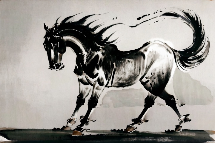 AgainChineseInkPainting, (greyscale:1.2), (monochrome:1.2), (chinese ink painting:1.2), horse, traditional media, horseback riding, no humans, solo, 1boy, simple background, standing, ink, male focus, from side, full body, riding, white background, tail, horns