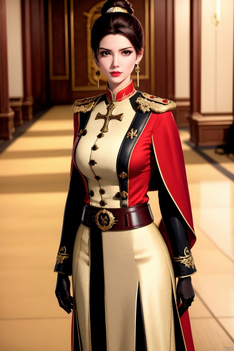1girl, solo, jewelry, earrings, cross, gloves, looking at viewer, belt, black gloves, brown eyes, black hair, standing, weapon, blurry, brown hair, cross earrings, blurry background, uniform, hair bun, closed mouth, lips, red cape, long sleeves, circlet, breasts, military uniform, cape, military, realistic, cowboy shot, red lips, pants, single hair bun, holding, short hair, indoors, holding weapon, buckle, shadow, arms at sides, black belt, belt buckle
