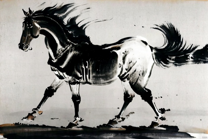 AgainChineseInkPainting, (greyscale:1.2), (monochrome:1.2), (chinese ink painting:1.2), horse, traditional media, horseback riding, no humans, solo, 1boy, simple background, standing, black ink, from side, full body, white background, tail,