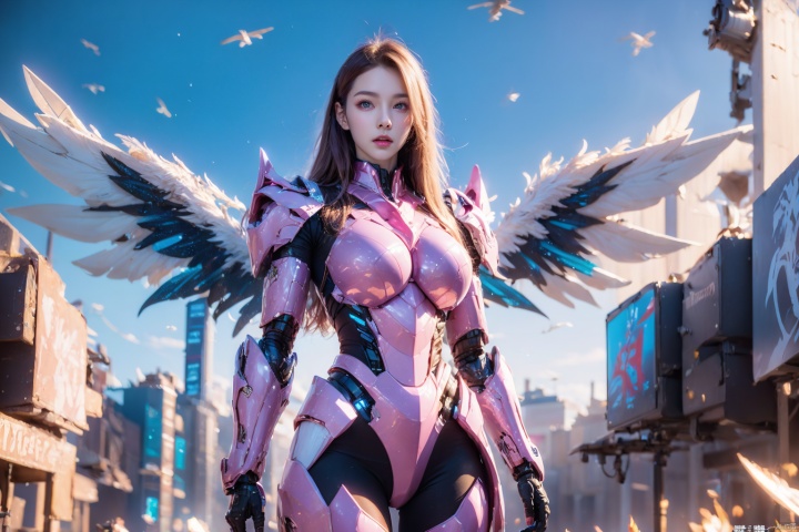  1girl,concept artwork,long hair,(a lonely solo boy:1.4),sky,wing,wings with fans,graphics card fan,strong male mecha warrior,mighty and domineering,cool mecha,32k,blue and white color scheme,(pink armor:1.05),white_background,standing,cowboy_shot,