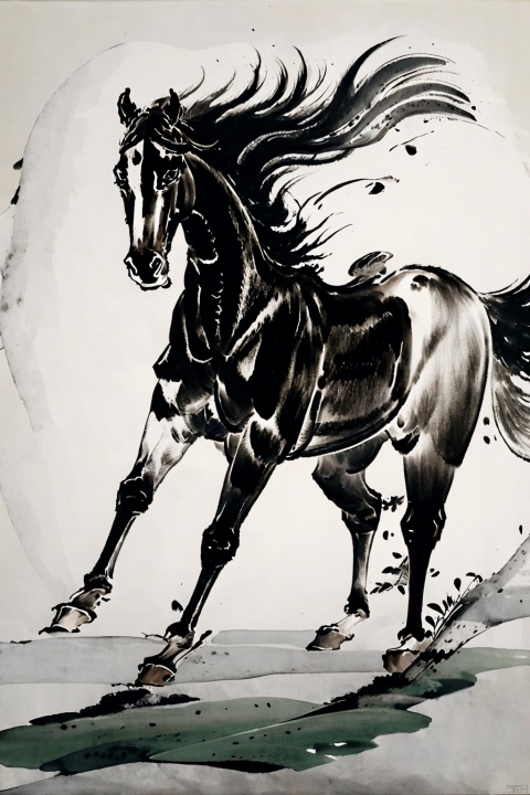 AgainChineseInkPainting, (greyscale:1.2), (monochrome:1.2), (chinese ink painting:1.2), horse, traditional media, horseback riding, no humans, solo, 1boy, simple background, standing, ink, male focus, from side, full body, riding, white background, tail, horns