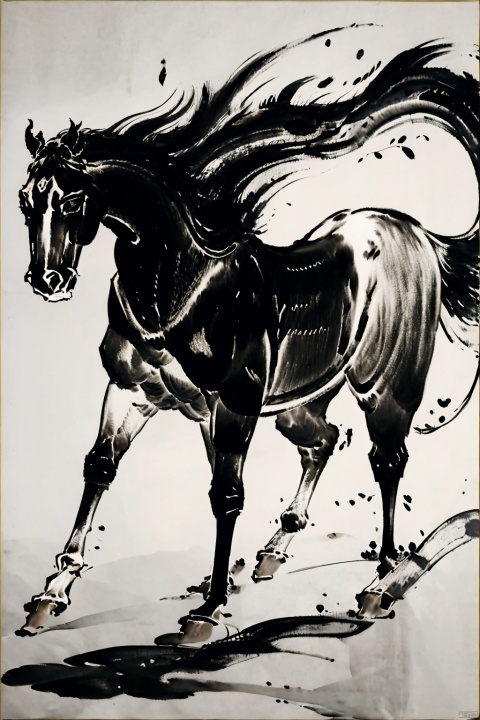 AgainChineseInkPainting, (greyscale:1.2), (monochrome:1.2), (chinese ink painting:1.2), horse, traditional media, horseback riding, no humans, solo, 1boy, simple background, standing, ink, male focus, from side, full body, riding, white background, tail, horns