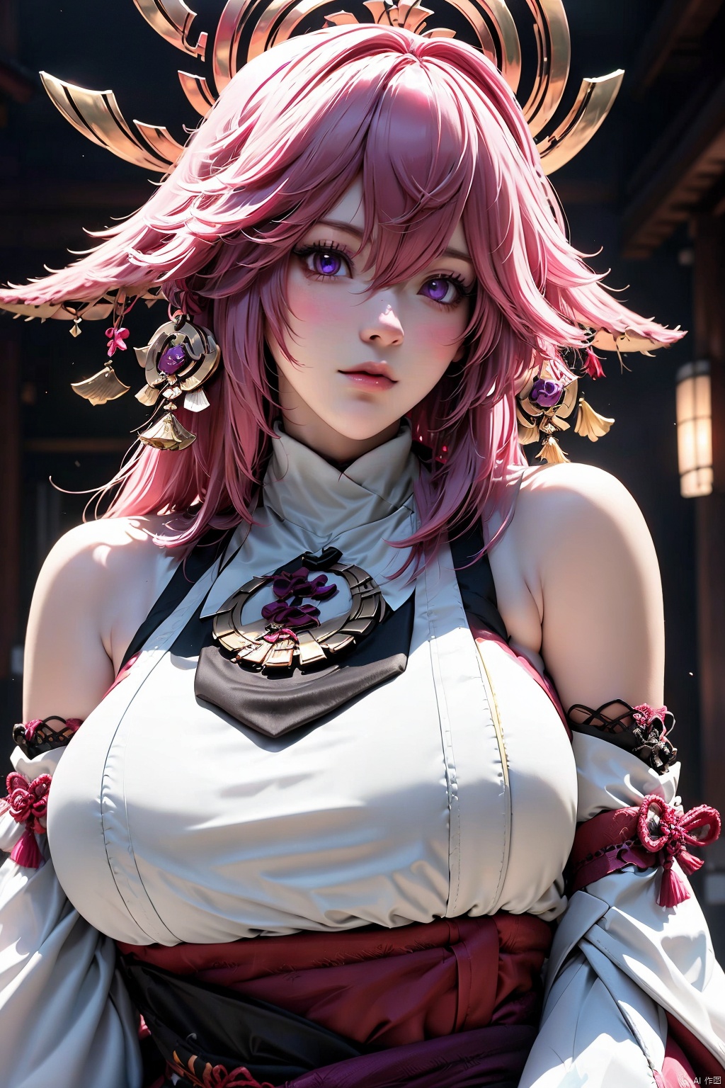 1girl, solo, yae miko, pink hair, purple eyes, breasts, looking at viewer, animal ears, long hair, bare shoulders, detached sleeves, large breasts, fox ears, hair between eyes, upper body, hair ornament, jewelry, lips, japanese clothes, blurry background, blurry, parted lips, wide sleeves, earrings, shirt, sleeveless, white shirt, sleeveless shirt, nontraditional miko, blush, long sleeves, turtleneck, sidelocks, sideboob, closed mouth, floppy ears