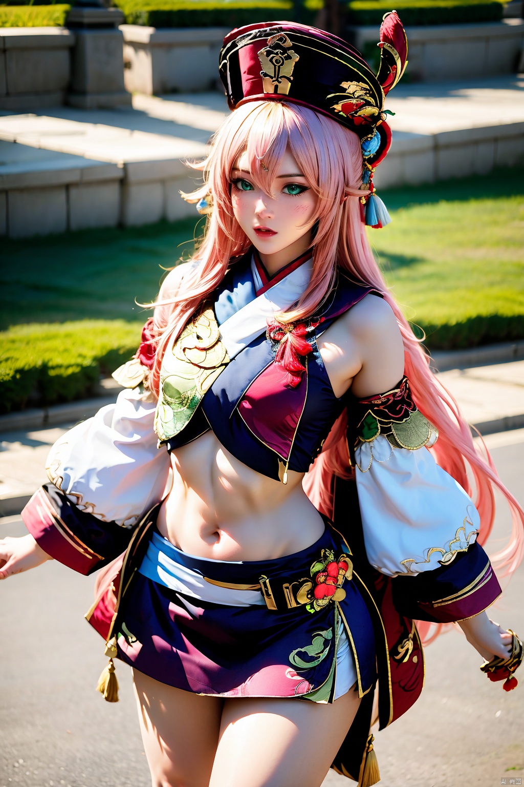 1girl, solo, yanfei \(genshin impact\), portrait, navel, long hair, midriff, detached sleeves, pink hair, red headwear, looking at viewer, skirt, crop top, stomach, standing, outdoors, bare shoulders, parted lips, red skirt, breasts, red lips, long sleeves, cowboy shot, hat, horns, blurry, realistic, green eyes, blue eyes, blurry background, day, lips, miniskirt, hair between eyes, very long hair, blonde hair, feet out of frame, antlers, pom pom \(clothes\), white sleeves, pantyhose, small breasts, makeup, underwear, belt, nose