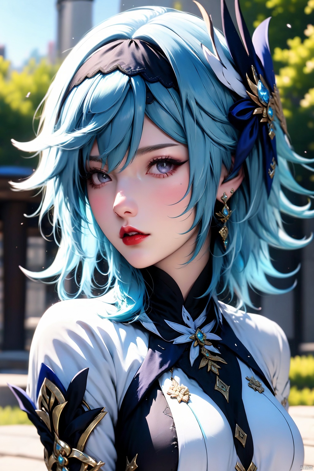 1girl, eula \(genshin impact\), solo, blue hair, hairband, breasts, hair ornament, looking at viewer, jewelry, black hairband, parted lips, medium hair, earrings, upper body, blurry background, blurry, lips, large breasts, necktie, outdoors, red lips, hair between eyes, grey eyes,