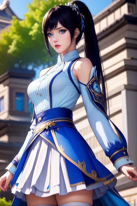 1girl, solo, ponytail, black hair, blue sky, blue eyes, building, thighhighs, sky, dress, long hair, hair ornament, looking at viewer, blurry background, clothing cutout, skirt, white dress, white thighhighs, outdoors, blurry, long sleeves, upper body, bare shoulders, blue dress
