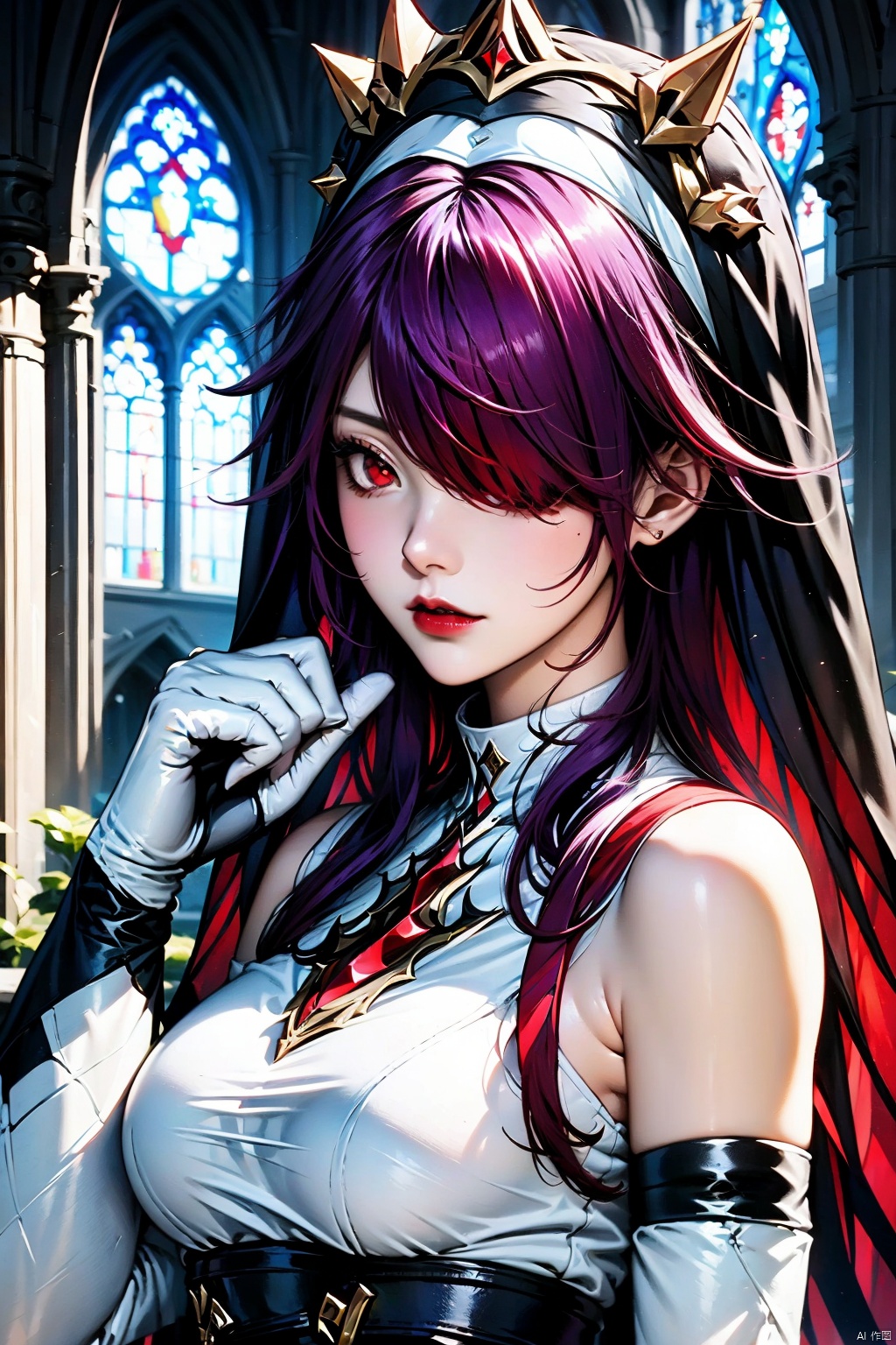 AgainAnimeLora2.8D, 1girl, rosaria \(genshin impact\), solo, gloves, breasts, looking at viewer, hair over one eye, red hair, bare shoulders, red eyes, white gloves, upper body, elbow gloves, nun, lips, purple hair, habit, red lips, multicolored hair, church, detached sleeves, large breasts, streaked hair, veil, long hair, sleeveless, claw ring, medium breasts, closed mouth, parted lips, hand up, dress, makeup, indoors, purple eyes, stained glass, multicolored headwear, lipstick, two-tone dress