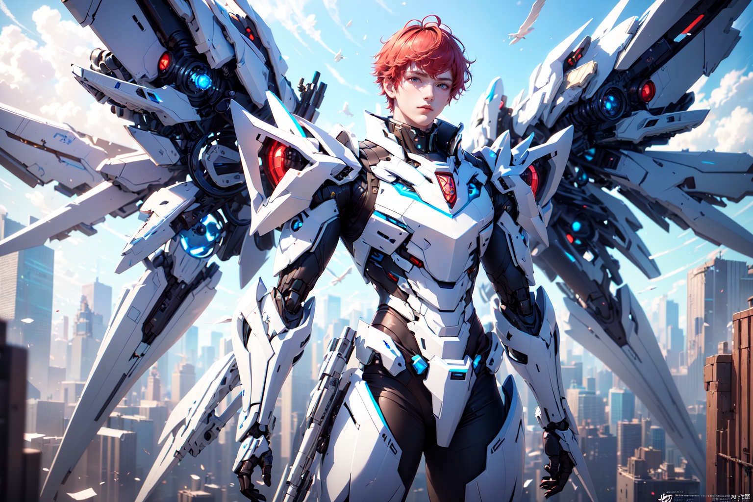  1boy,concept artwork,red hair,(a lonely solo boy:1.4),sky,wing,wings with fans,graphics card fan,strong male mecha warrior,mighty and domineering,cool mecha,32k,blue and white color scheme,white armor,white_background,standing,cowboy_shot,