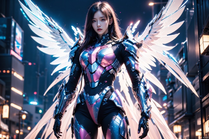  1girl,concept artwork,black long hair,(a lonely solo boy:1.4),sky,wing,wings with fans,graphics card fan,strong male mecha warrior,mighty and domineering,cool mecha,32k,blue and white color scheme,(pink Highly reflective armor:1.2),white_background,standing,cowboy_shot,