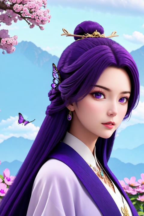 1girl, butterfly, bug, solo, purple hair, hair bun, earrings, hair ornament, jewelry, long hair, upper body, purple eyes, blue sky, sky, dress, single hair bun, outdoors, looking at viewer, from side, long sleeves, parted lips, chinese clothes, tree, teeth, cloud, white dress, blurry, day, realistic, flower, purple dress, blurry background
