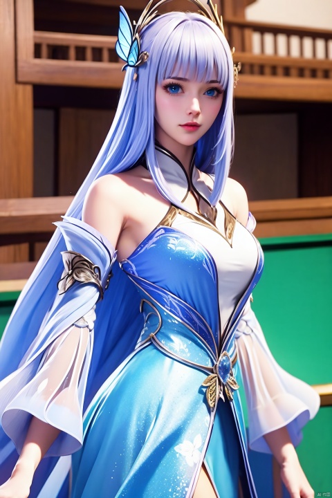1girl, solo, long hair, blue eyes, hair ornament, detached sleeves, dress, blurry background, bare shoulders, blurry, looking at viewer, breasts, blunt bangs, white hair, butterfly hair ornament, white dress, upper body, closed mouth, lips, wide sleeves, blue dress, indoors, realistic, large breasts, medium breasts, grey hair, very long hair, skirt
