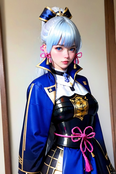 1girl, kamisato ayaka, solo, blue eyes, long hair, looking at viewer, ponytail, armor, blunt bangs, ribbon, hair ribbon, lips, white hair, tress ribbon, breastplate, sidelocks, hair ornament, jacket, realistic, pink ribbon, upper body, nose, closed mouth, armored dress, blue jacket, japanese armor, long sleeves, blue hair, mole, mole under eye, blue capelet, high ponytail, looking to the side, arm guards, light blue hair, indoors
