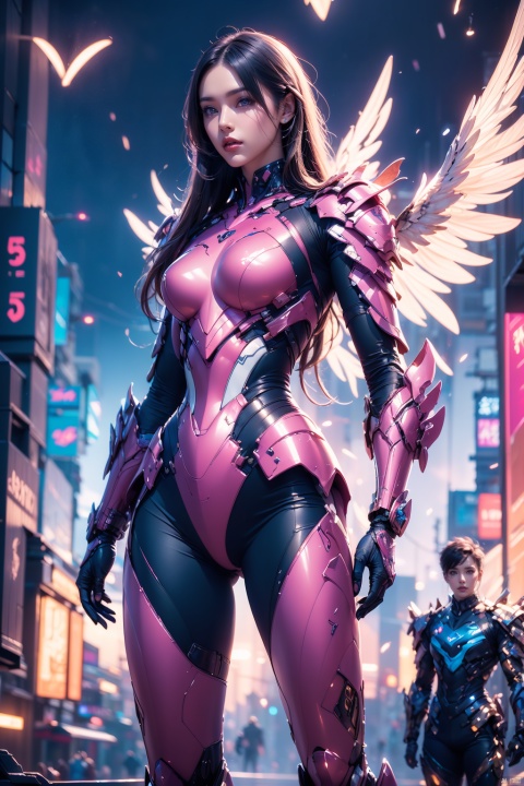  1girl,concept artwork,black long hair,(a lonely solo boy:1.4),sky,wing,wings with fans,graphics card fan,strong male mecha warrior,mighty and domineering,cool mecha,32k,blue and white color scheme,(pink armor:1.2),white_background,standing,cowboy_shot,