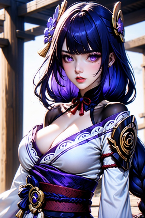 1girl, raiden shogun \(genshin impact\), solo, breasts, purple eyes, japanese clothes, purple hair, looking at viewer, kimono, hair ornament, cleavage, long hair, braid, sash, parted lips, shoulder armor, purple kimono, obi, flower, mole, lips, upper body, bridal gauntlets, outdoors, braided ponytail, long sleeves, armor, blurry, mole under eye, makeup, hair flower, ribbon, large breasts, torii, purple flower, obiage, east asian architecture, obijime, off shoulder, wide sleeves, day, eyelashes, very long hair, shrug \(clothing\), red ribbon, vision \(genshin impact\), tomoe \(symbol\), light particles, neck ribbon, blunt bangs, fingernails, purple nails