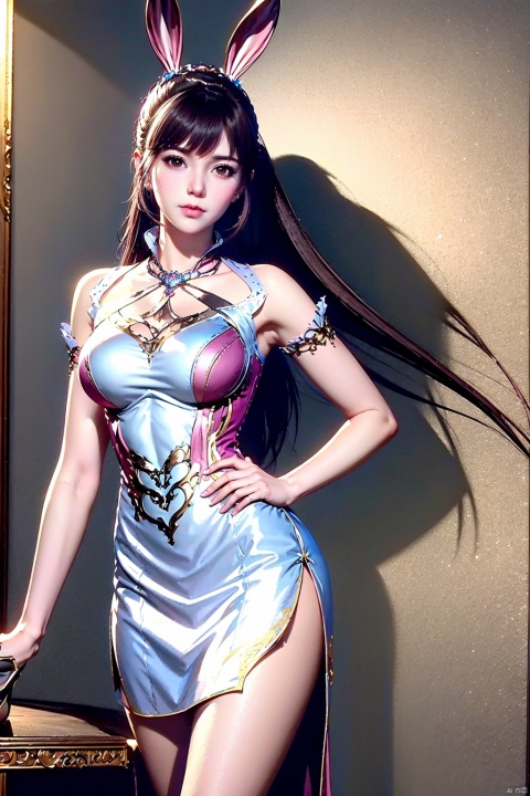 1girl, animal ears, rabbit ears, hand on own hip, solo, (portrait:1.4), dress, long hair, white dress, bare legs, looking at viewer, ponytail, jewelry, hair ornament, high heels, black hair, closed mouth, breasts, metal collar, brown hair, collar, realistic, pink dress,
