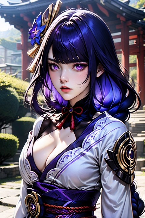 AgainAnimeLora2.8D, 1girl, raiden shogun \(genshin impact\), portrait, breasts, solo, japanese clothes, purple eyes, kimono, thighhighs, cleavage, looking at viewer, long hair, purple hair, hair flower, hair ornament, purple kimono, braid, mole, mole under eye, outdoors