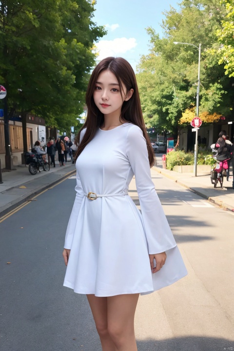 1girl,solo,long hair,(stadning:1.3),dress,looking at viewer,detached sleeves,outdoors,