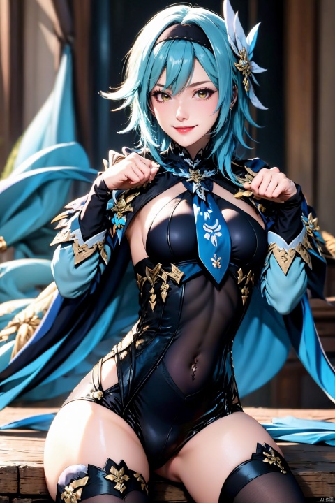 1girl, solo, eula \(genshin impact\), thighhighs, covered navel, blue hair, blue necktie, hairband, necktie, looking at viewer, black hairband, blurry background, black thighhighs, breasts, leotard, hair ornament, long sleeves, lips, blurry, blue cape, cape, medium hair, black leotard, skindentation, smile, paw pose, 