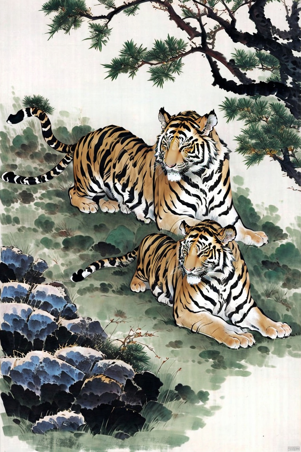 AgainChineseInkPainting, tiger, no humans, animal focus, year of the tiger, branch, animal, traditional media, tree, looking at viewer, chinese ink painting, lying, border, chinese zodiac, rock, on side, white background, white tiger, full body, sleeping, painting \(medium\)