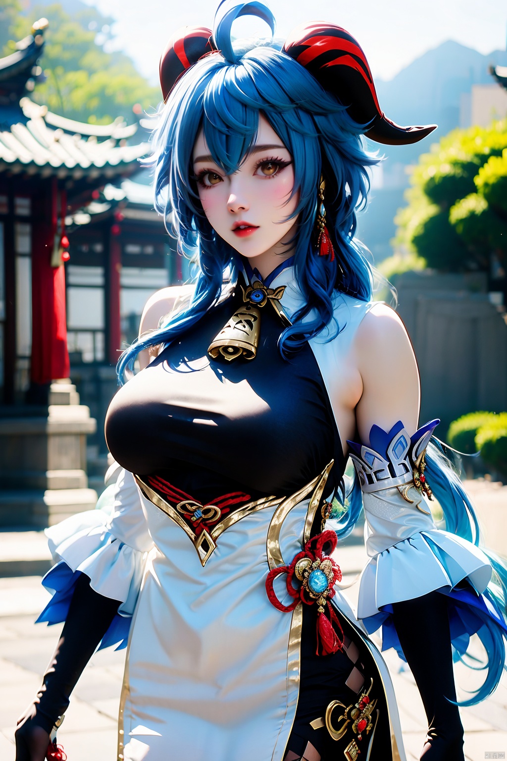 1girl, solo, ganyu \(genshin impact\), long hair, breasts, detached sleeves, blue hair, bell, horns, bare shoulders, gloves, vision \(genshin impact\), jewelry, earrings, looking at viewer, ahoge, black gloves, large breasts, bodystocking, parted lips, cowbell, tassel, lips, outdoors, goat horns, neck bell, cowboy shot, blurry, brown eyes, east asian architecture,
