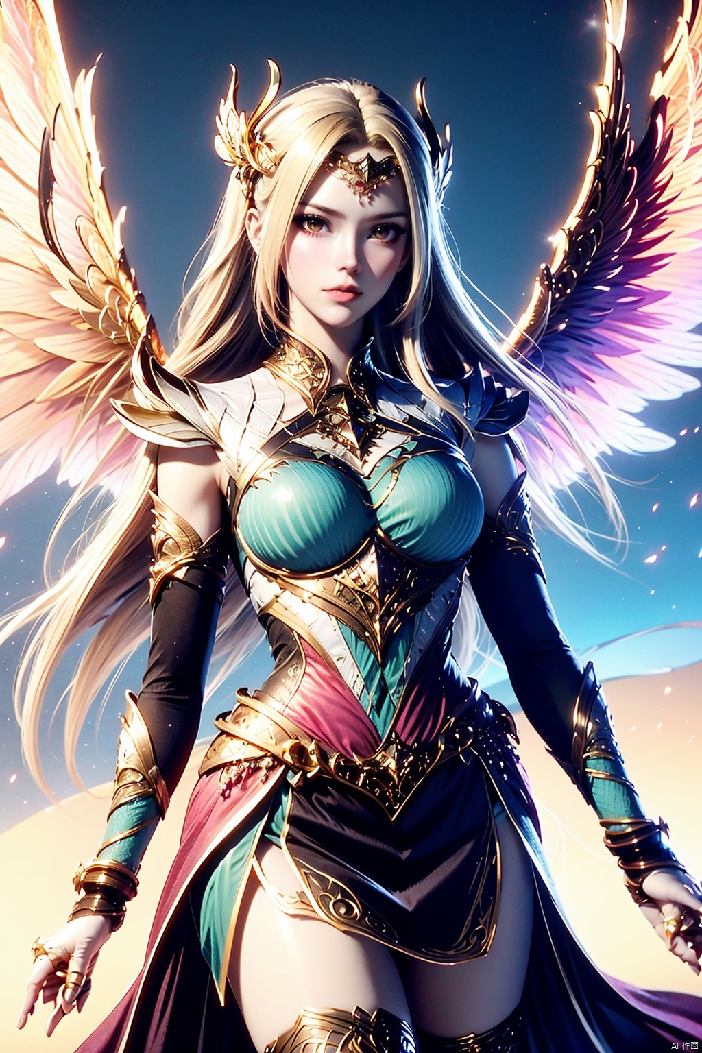 1girl, solo, blonde hair, long hair, wings, looking at viewer, hair ornament, armor, thighhighs, closed mouth, detached sleeves, pink armored dress, angel wings, jewelry, feathered wings, cowboy shot,