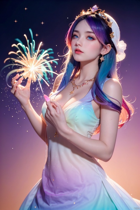 1 girl, Aurora, Blue Eyes, (Colorful Gradient Hair: 1.5), Dynamic Pose, Constellation, Constellation Print, Dress, Crystal Girl, Crystal, Colorful Crystal, Crystal Headwear, Crystal Necklace, Earrings, Fireworks, Galaxy, Blinking, Hat, Jewelry, Light Particles, Light, Light Traces, Long Hair, Sparkling, Sparkling Background, Starry sky, super long hair,