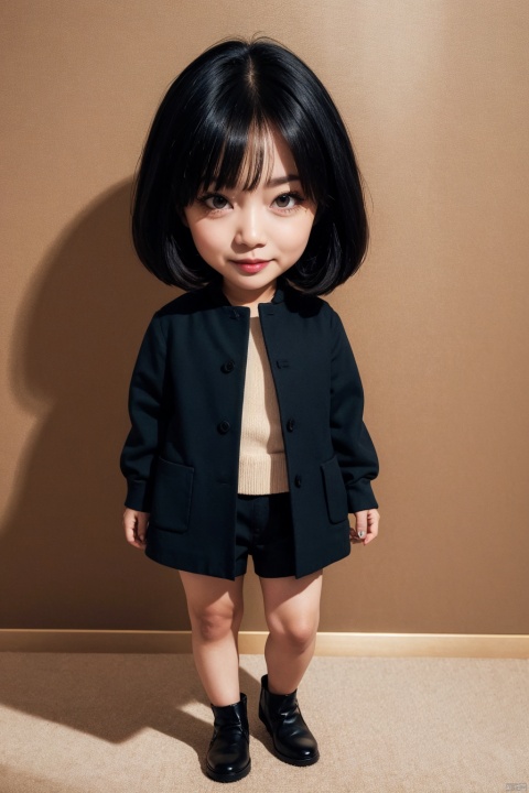 1woman,mature,chibi,full body,black hair,