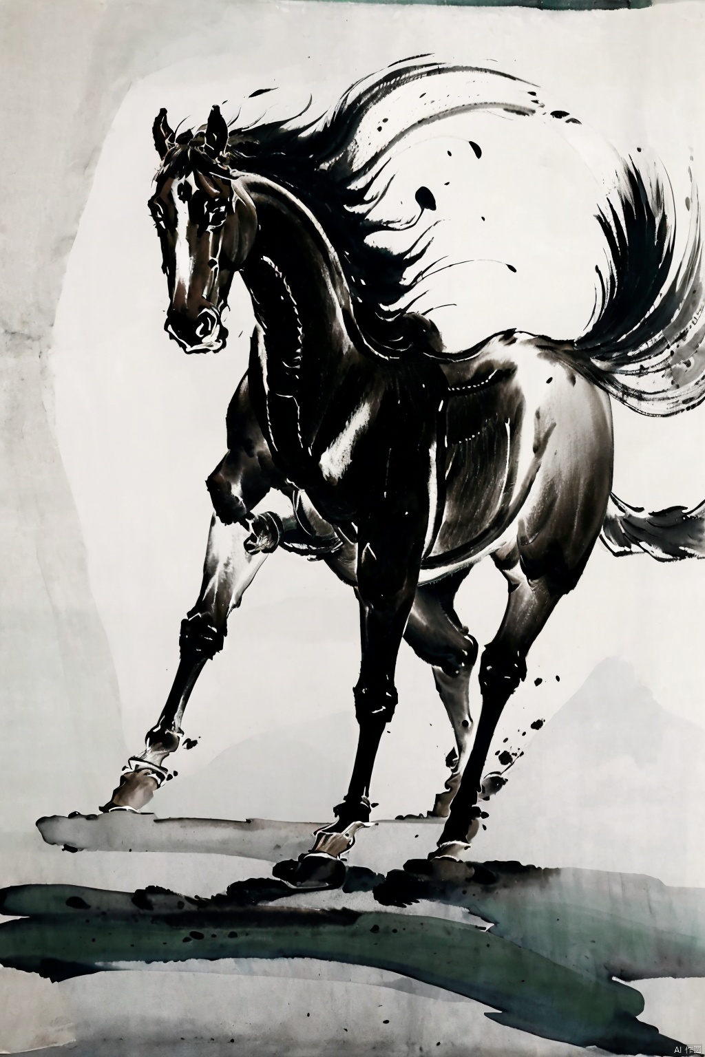 AgainChineseInkPainting, (greyscale:1.2), (monochrome:1.2), (chinese ink painting:1.2), horse, traditional media, horseback riding, no humans, solo, 1boy, simple background, standing, ink, male focus, from side, full body, riding, white background, tail, horns